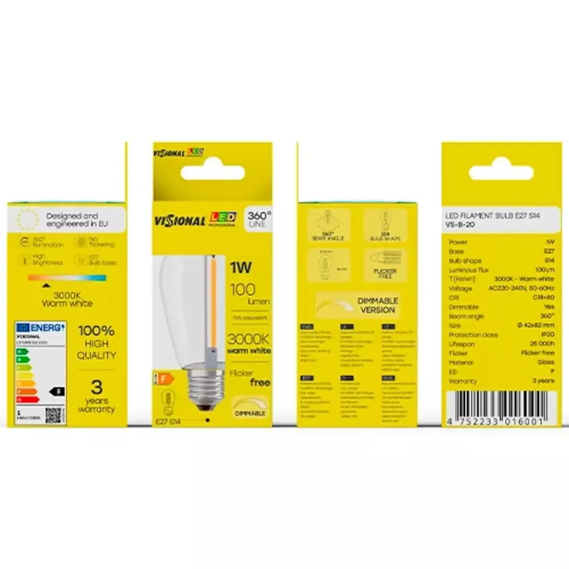 LED spuldze VISIONAL VS-B-20 1W 100 lm 3000K, energoefektivitātes klase F