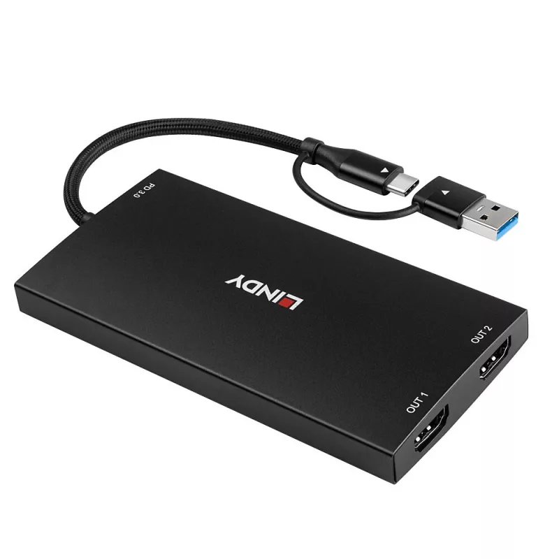 Lindy 43430 video kabeļa adapteris 0.11 m USB Type-C 2 x HDMI melns