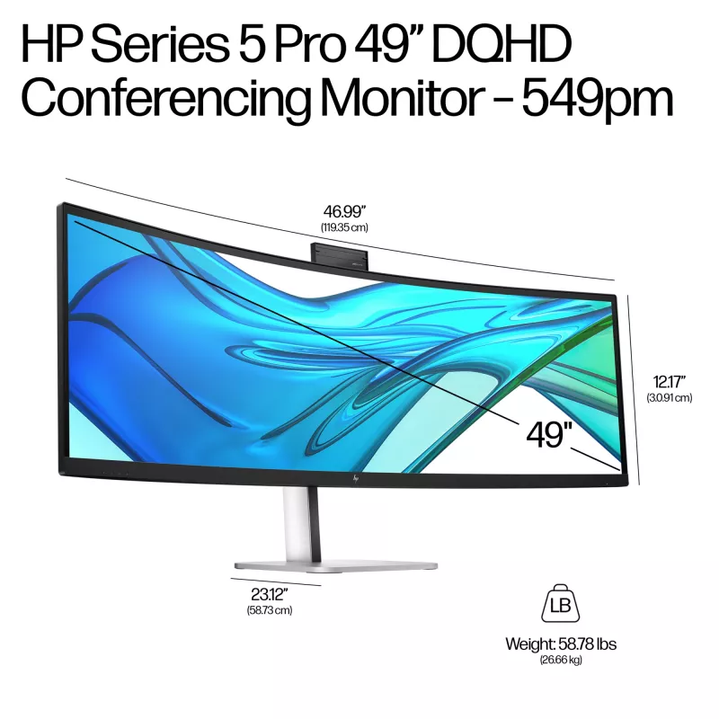 HP Series 5 Pro 49 collu DQHD konferenču monitors - 549pm, 124,5 cm (49 colli), 5120 x 1440 pikseļi, Dual QHD, LCD, 5 ms, Melns