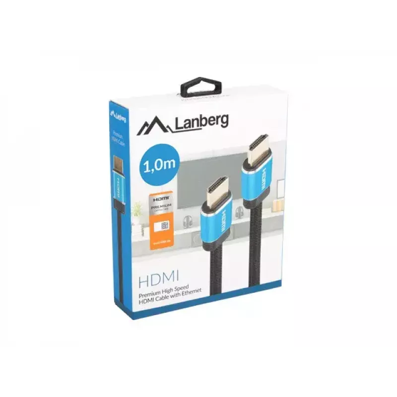 HDMI kabelis LANBERG CA-HDMI-P20CU-0010-BK 1 m, HDMI Type A vīrietis–vīrietis, HDMI 2.0, 18 Gbit/s, ARC, zeltīti kontakti, melns/zils