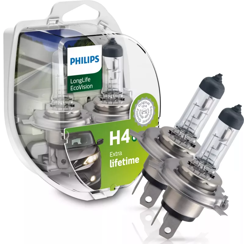 Philips LongLife EcoVision 12342LLECOS2 ilgāks kalpošanas laiks, 60 W, 12 V, H4, 3100 K, 2 gab.