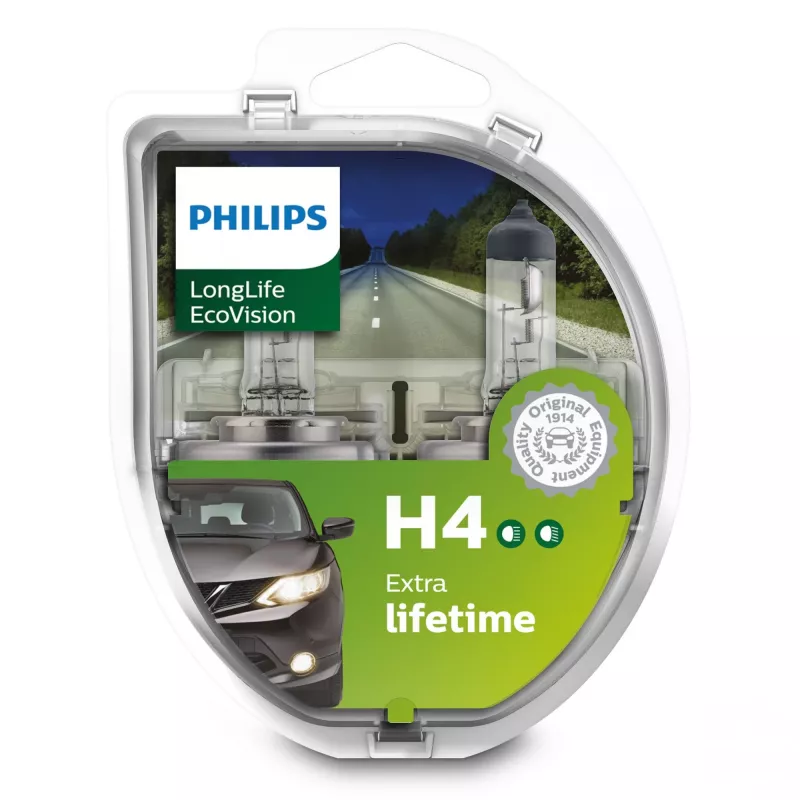 Philips LongLife EcoVision 12342LLECOS2 ilgāks kalpošanas laiks, 60 W, 12 V, H4, 3100 K, 2 gab.