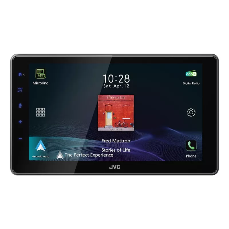 2-DIN JVC KW-M795DBW automašīnas multivides uztvērējs, 9 collu kapacitīvs skārienekrāns, 200 W, Wi‑Fi divjoslu, Bluetooth, DAB+/FM/AM