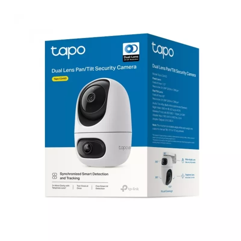 TP-Link Tapo C245D IP drošības kamera, 2304×1296, 3.1 mm objektīvs, 104.3° horiz., griestu/sienas stiprinājums, bezvadu, iekštelpām, balta