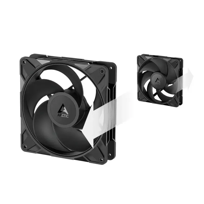 140 mm ventilators Arctic Freezer P14 Pro Reverse — 166,5 m³/h, 5,1 mmH₂O, Fluid Dynamic Bearing, A‑RGB, PWM, melns, ar kabeļu sadalītāju