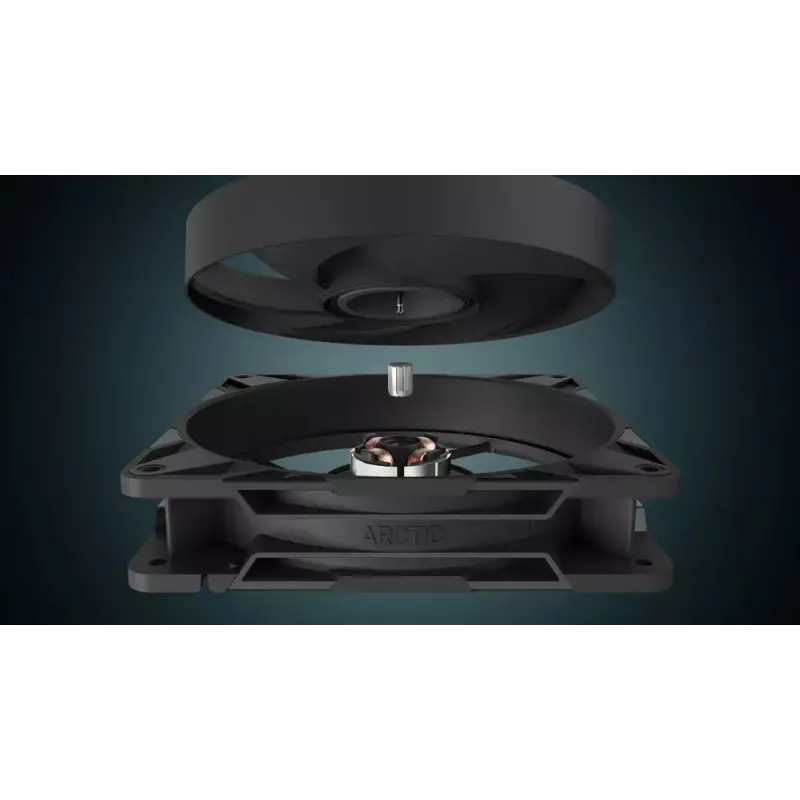 140 mm ventilators Arctic Freezer P14 Pro Reverse — 166,5 m³/h, 5,1 mmH₂O, Fluid Dynamic Bearing, A‑RGB, PWM, melns, ar kabeļu sadalītāju