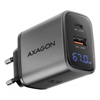AXAGON ACU-PQ67D ceļojumu sienas lādētājs, 67 W, USB-C PD3.0 + USB-A QC4+, 2 izejas, LCD displejs, 100–240 V