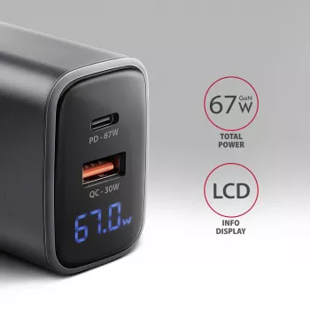 AXAGON ACU-PQ67D ceļojumu sienas lādētājs, 67 W, USB-C PD3.0 + USB-A QC4+, 2 izejas, LCD displejs, 100–240 V