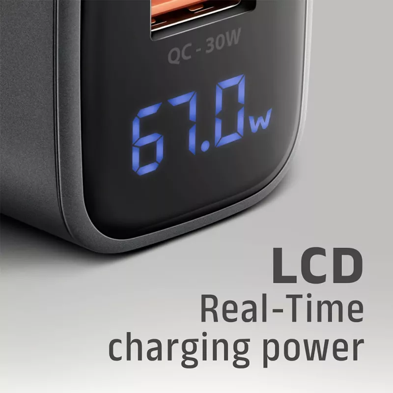 AXAGON ACU-PQ67D ceļojumu sienas lādētājs, 67 W, USB-C PD3.0 + USB-A QC4+, 2 izejas, LCD displejs, 100–240 V