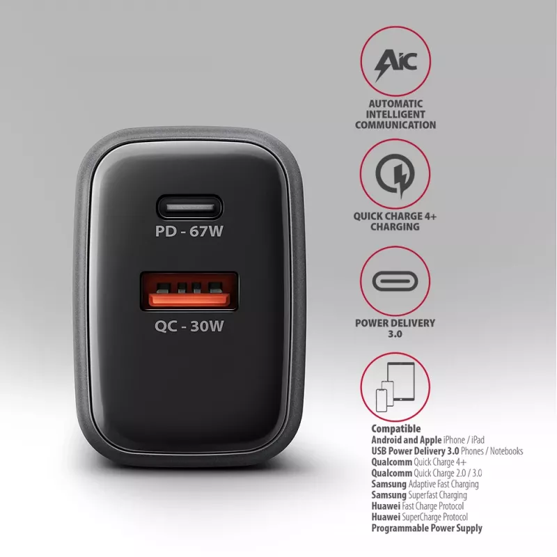 AXAGON ACU-PQ67D ceļojumu sienas lādētājs, 67 W, USB-C PD3.0 + USB-A QC4+, 2 izejas, LCD displejs, 100–240 V