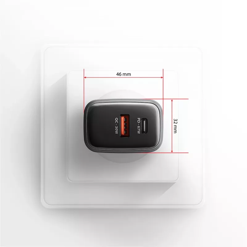 AXAGON ACU-PQ67D ceļojumu sienas lādētājs, 67 W, USB-C PD3.0 + USB-A QC4+, 2 izejas, LCD displejs, 100–240 V