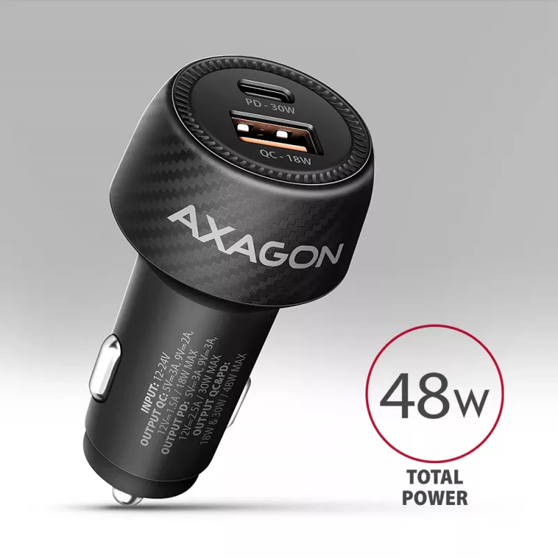 Automašīnas lādētājs AXAGON PWC-PQ48, 48W, USB-C (PD3.0) + USB-A (QC4+), ieeja 12–24V, melns