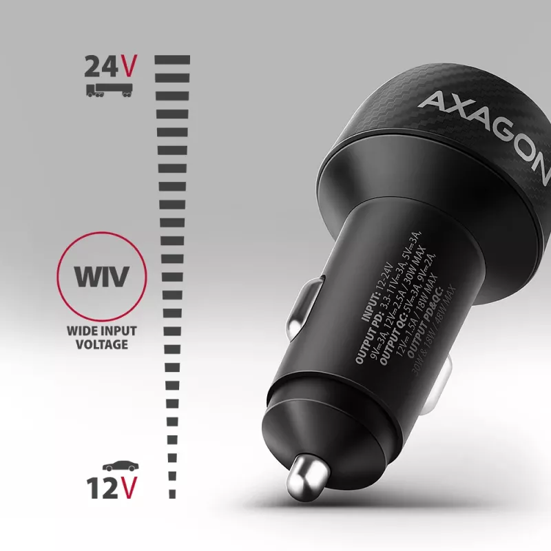 Automašīnas lādētājs AXAGON PWC-PQ48, 48W, USB-C (PD3.0) + USB-A (QC4+), ieeja 12–24V, melns