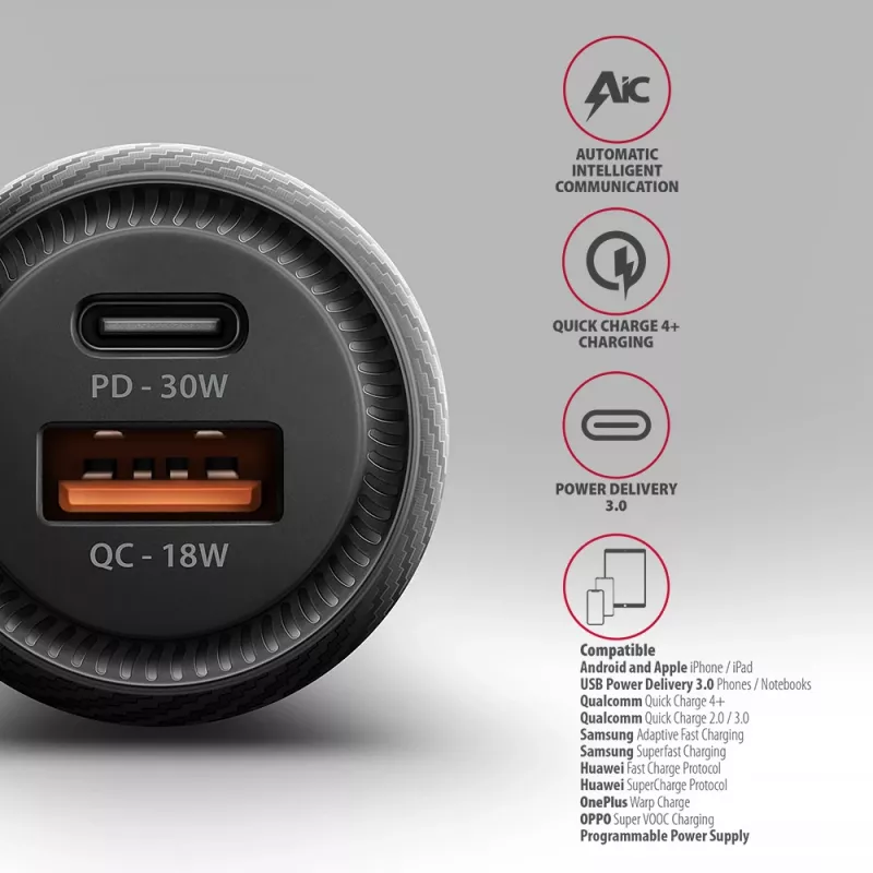 Automašīnas lādētājs AXAGON PWC-PQ48, 48W, USB-C (PD3.0) + USB-A (QC4+), ieeja 12–24V, melns