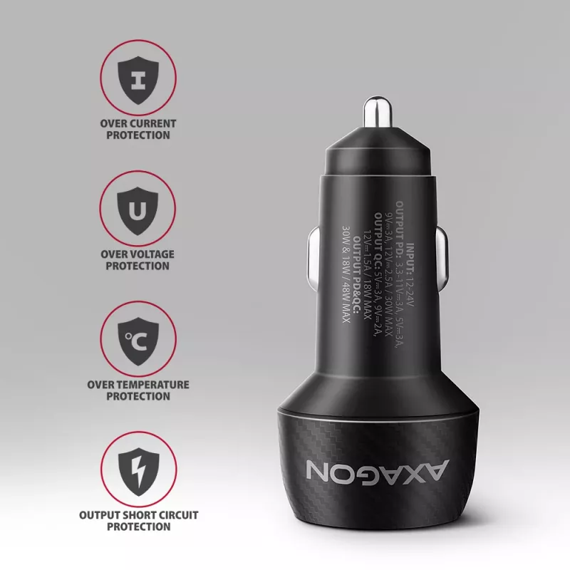 Automašīnas lādētājs AXAGON PWC-PQ48, 48W, USB-C (PD3.0) + USB-A (QC4+), ieeja 12–24V, melns