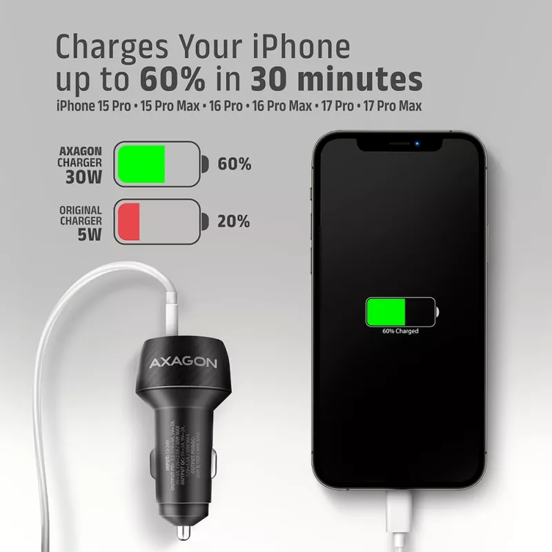 Automašīnas lādētājs AXAGON PWC-PQ48, 48W, USB-C (PD3.0) + USB-A (QC4+), ieeja 12–24V, melns