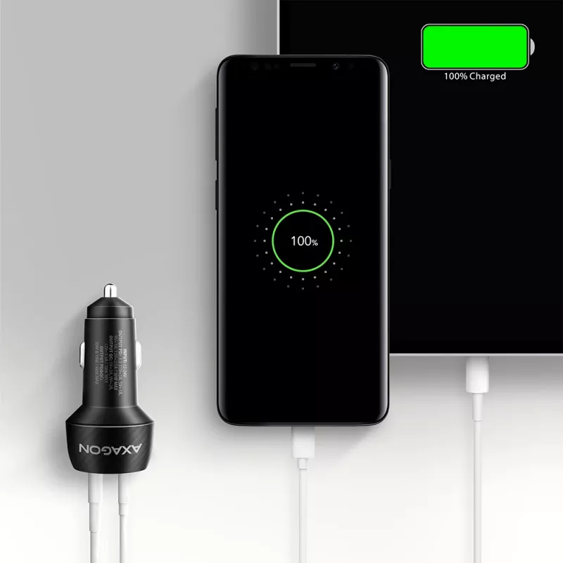 Automašīnas lādētājs AXAGON PWC-PQ48, 48W, USB-C (PD3.0) + USB-A (QC4+), ieeja 12–24V, melns