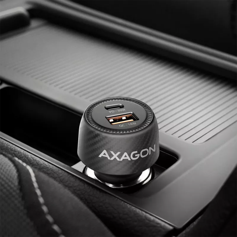 Automašīnas lādētājs AXAGON PWC-PQ48, 48W, USB-C (PD3.0) + USB-A (QC4+), ieeja 12–24V, melns