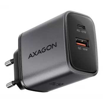 Sienas lādētājs AXAGON ACU-PQ67, 67W, PD3.0 + QC4+, 1x USB-C + 1x USB-A, 100–240V, pelēks/melns