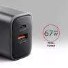 Sienas lādētājs AXAGON ACU-PQ67, 67W, PD3.0 + QC4+, 1x USB-C + 1x USB-A, 100–240V, pelēks/melns