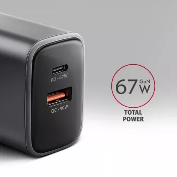Sienas lādētājs AXAGON ACU-PQ67, 67W, PD3.0 + QC4+, 1x USB-C + 1x USB-A, 100–240V, pelēks/melns
