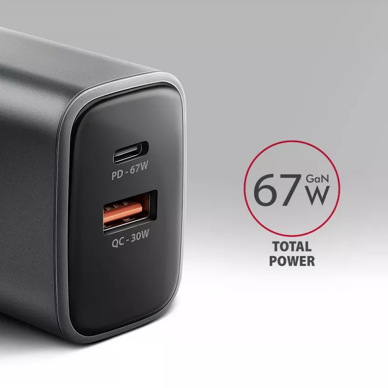 Sienas lādētājs AXAGON ACU-PQ67, 67W, PD3.0 + QC4+, 1x USB-C + 1x USB-A, 100–240V, pelēks/melns