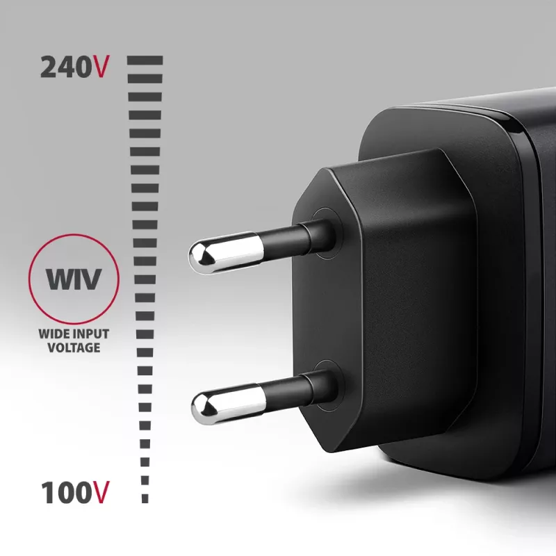 Sienas lādētājs AXAGON ACU-PQ67, 67W, PD3.0 + QC4+, 1x USB-C + 1x USB-A, 100–240V, pelēks/melns