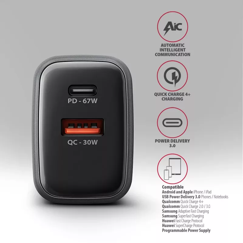 Sienas lādētājs AXAGON ACU-PQ67, 67W, PD3.0 + QC4+, 1x USB-C + 1x USB-A, 100–240V, pelēks/melns