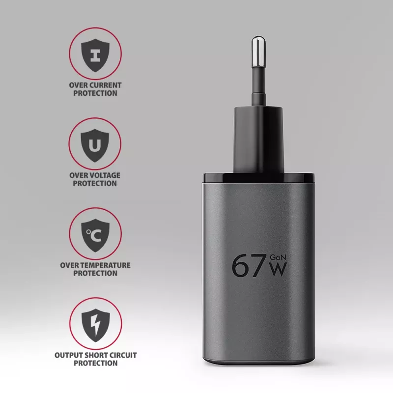 Sienas lādētājs AXAGON ACU-PQ67, 67W, PD3.0 + QC4+, 1x USB-C + 1x USB-A, 100–240V, pelēks/melns