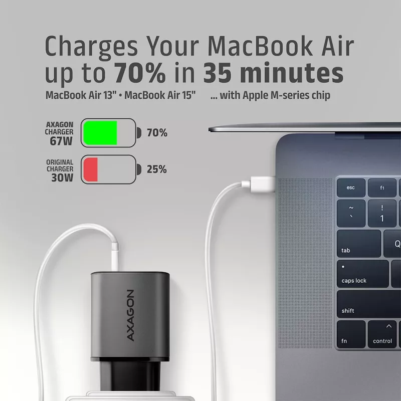 Sienas lādētājs AXAGON ACU-PQ67, 67W, PD3.0 + QC4+, 1x USB-C + 1x USB-A, 100–240V, pelēks/melns