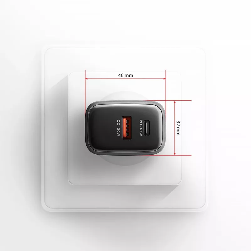 Sienas lādētājs AXAGON ACU-PQ67, 67W, PD3.0 + QC4+, 1x USB-C + 1x USB-A, 100–240V, pelēks/melns