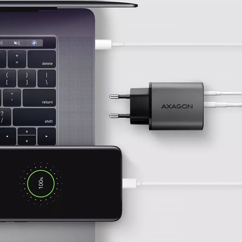 Sienas lādētājs AXAGON ACU-PQ67, 67W, PD3.0 + QC4+, 1x USB-C + 1x USB-A, 100–240V, pelēks/melns