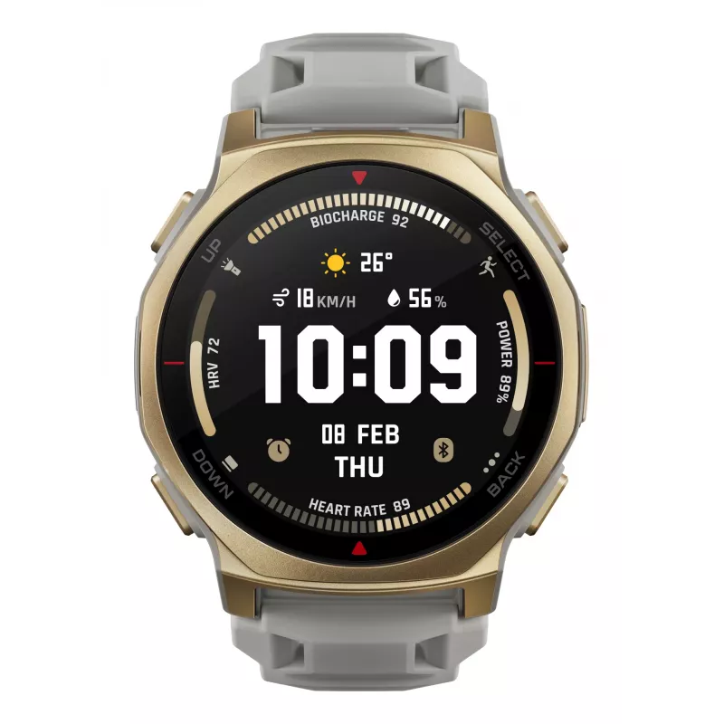 Smartwatch Amazfit T-rex 3 Pro 44 mm, 1.32 inch AMOLED 466×466, 16 GB, 64 MB RAM, GPS, Wi‑Fi, ūdensizturīgs 45 m, Zelts korpuss, Pelēka silikona siksniņa