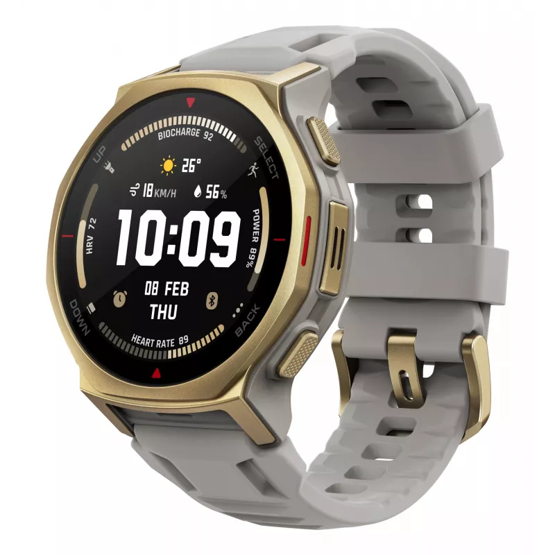 Smartwatch Amazfit T-rex 3 Pro 44 mm, 1.32 inch AMOLED 466×466, 16 GB, 64 MB RAM, GPS, Wi‑Fi, ūdensizturīgs 45 m, Zelts korpuss, Pelēka silikona siksniņa