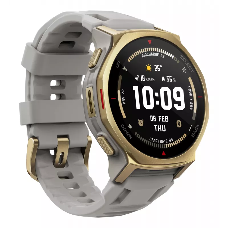 Smartwatch Amazfit T-rex 3 Pro 44 mm, 1.32 inch AMOLED 466×466, 16 GB, 64 MB RAM, GPS, Wi‑Fi, ūdensizturīgs 45 m, Zelts korpuss, Pelēka silikona siksniņa