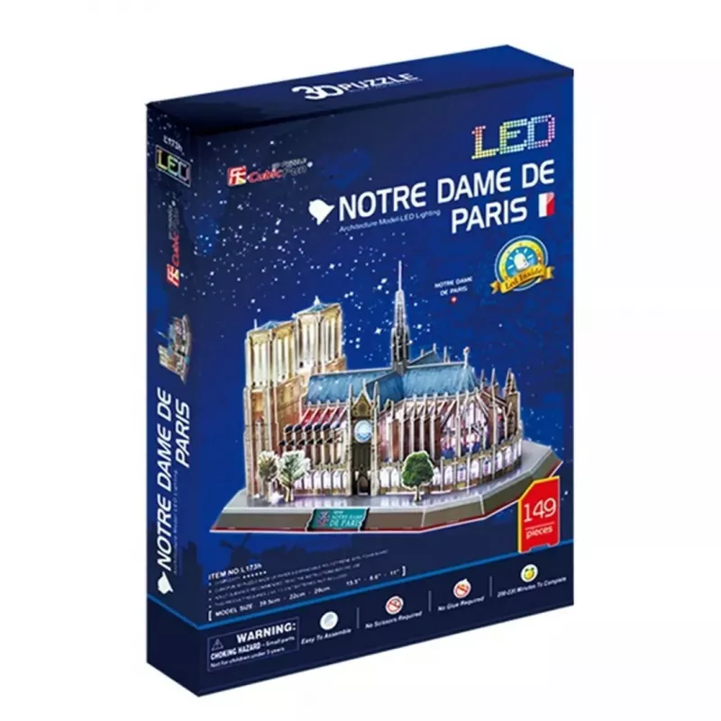 3D puzle CubicFun Notre Dame (gaisma) — modelis DA-20509, viegls apgaismots izdevums