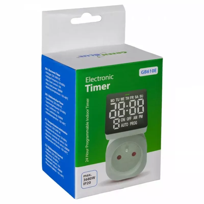 Digitālais taimera slēdzis GreenBlue GB610E, maks. slodze 16A, IP20, programmējami ieslēgšanas/izslēgšanas cikli