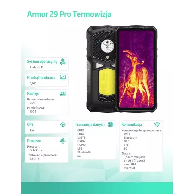 UleFone Smartphone Armor 29 Pro Thermal 5G 16/512GB izturīgs viedtālrunis ar termokameru, 16GB RAM, 512GB krātuvi