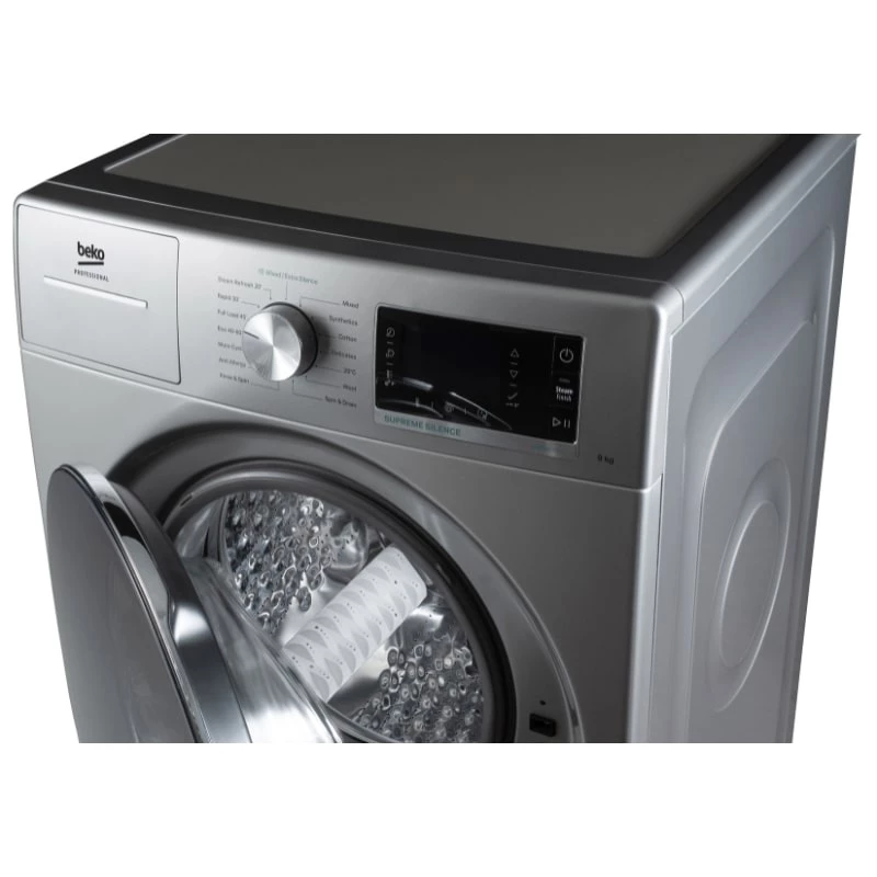 Priekšējās ielādes veļas mazgājamā mašīna BEKO AWB 912S/PRO BP — 9 kg, 1200 RPM, nerūsējošais tērauds