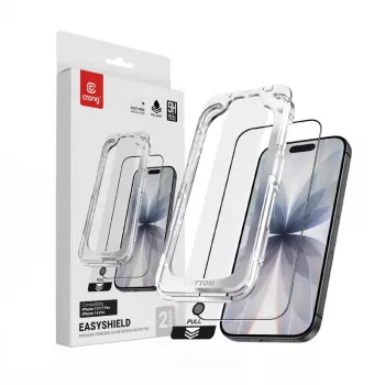 Rūdīta stikla ekrāna aizsargs Crong EasyShield 2 komplektā priekš iPhone 17 / 17 Pro / 16 Pro, aluminosilikāts, spīdīgs