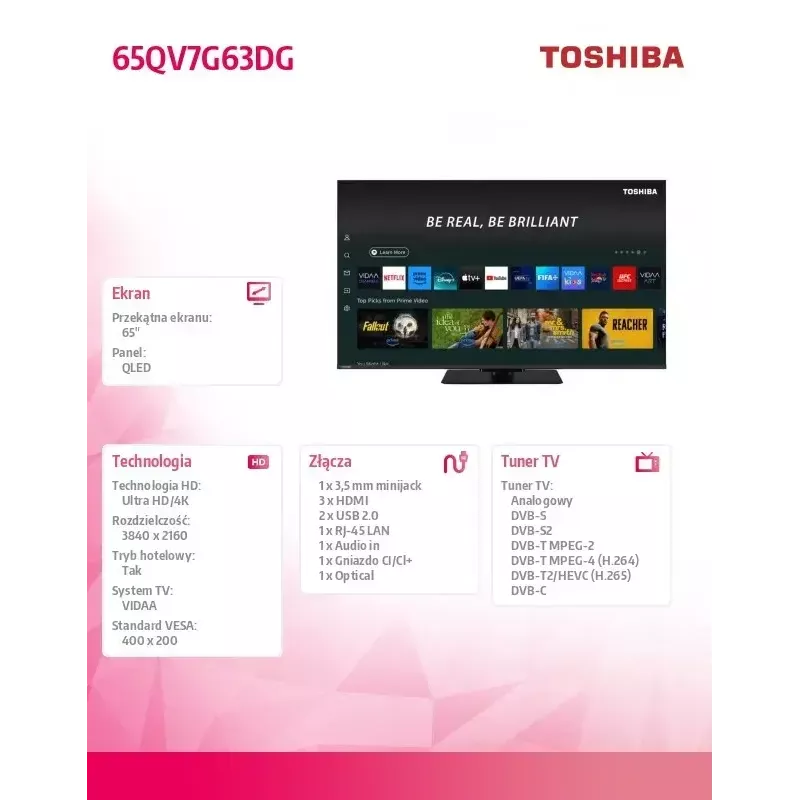 Toshiba 65 collu QLED televizors 65QV7G63DG, 65 collu ekrāns