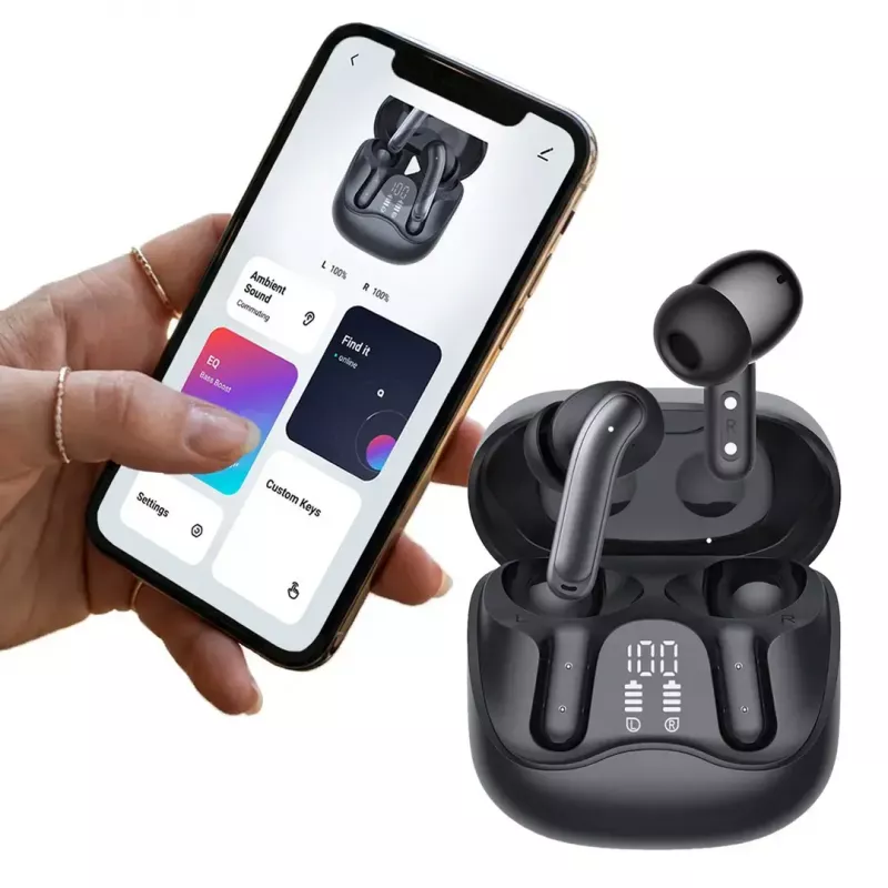 Bezvadu ievietojamās austiņas Audiocore AC591 PRO — hibrīda ANC, ENC, 6 mikrofoni, USB‑C uzlāde, līdz 9h atskaņošanas, Tuya saderīgas, melnas