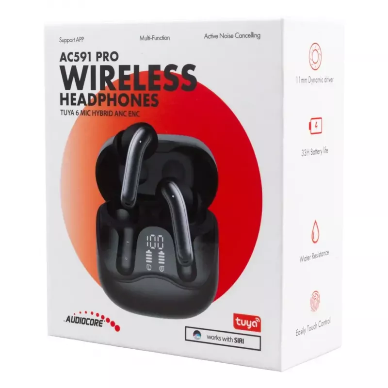 Bezvadu ievietojamās austiņas Audiocore AC591 PRO — hibrīda ANC, ENC, 6 mikrofoni, USB‑C uzlāde, līdz 9h atskaņošanas, Tuya saderīgas, melnas
