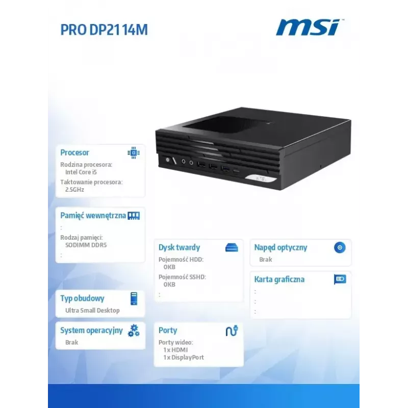 Desktop PC MSI PRO DP21 14M-243BEU — Intel Core i5-14400, Wi‑Fi, Bluetooth, Melns