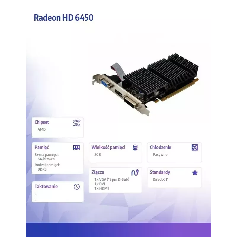 Grafikas karte AFOX Radeon HD 6450 2GB DDR3 64-bit DVI HDMI VGA zema profila pasīvā AF6450-2048D3L9-V2