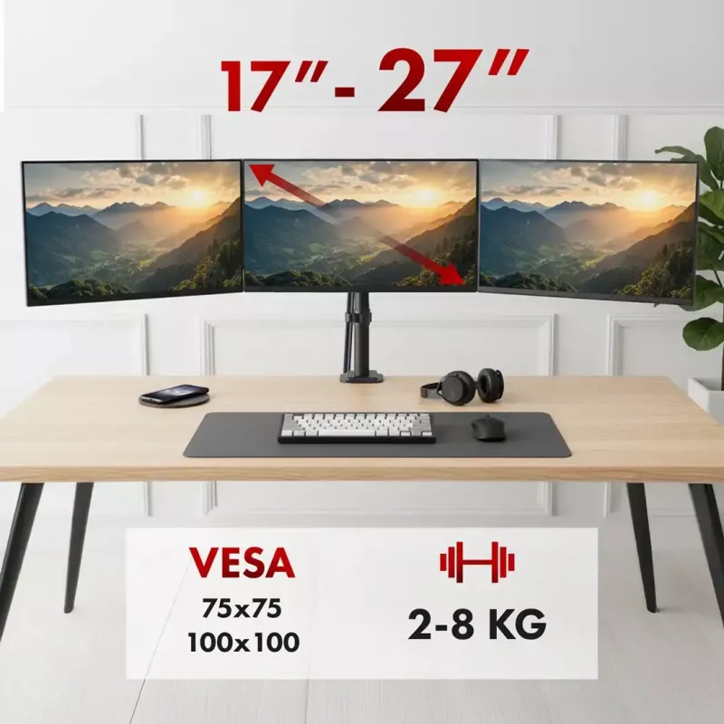Monitora stiprinājums MACLEAN MC-137 — gāzes atspere, 3 monitoriem 17 collas–27 collas, 2–8 kg katram, melns