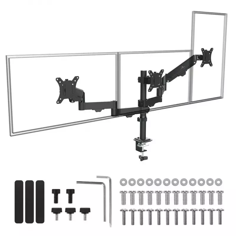Monitora stiprinājums MACLEAN MC-137 — gāzes atspere, 3 monitoriem 17 collas–27 collas, 2–8 kg katram, melns