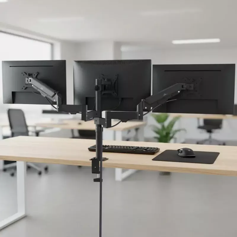 Monitora stiprinājums MACLEAN MC-137 — gāzes atspere, 3 monitoriem 17 collas–27 collas, 2–8 kg katram, melns