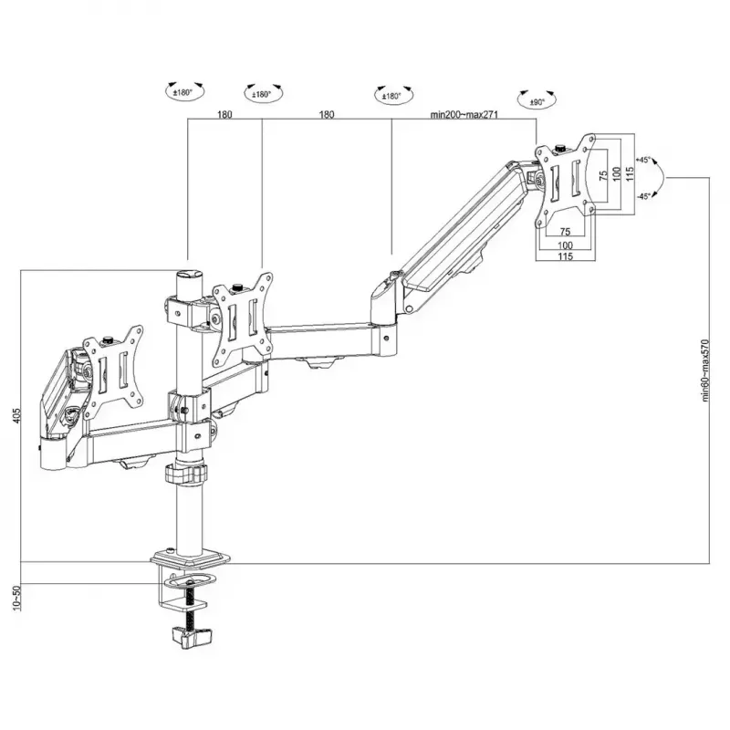 Monitora stiprinājums MACLEAN MC-137 — gāzes atspere, 3 monitoriem 17 collas–27 collas, 2–8 kg katram, melns