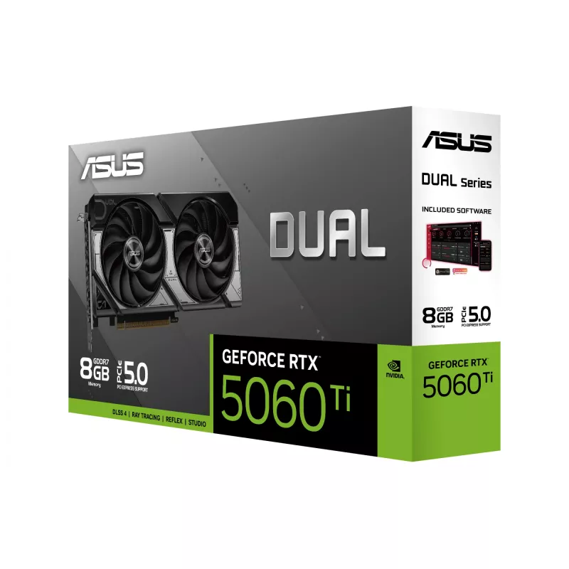 Grafikas karte ASUS GeForce RTX 5060 Ti Dual — 8 GB GDDR7, 128 bitu, PCIe 5.0, aktīvā dzesēšana (2 ventilatori), maks. 7680×4320